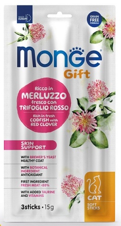 Лакомство Monge Gift Skin support для кошек "Мягкие палочки" Треска и красный клевер для кожи 